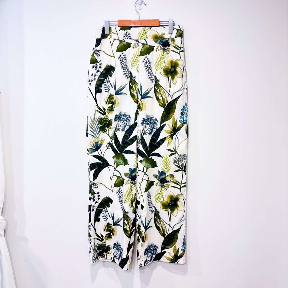 ZARA Cream green floral‎ wide leg cotton pants cottagecore | Medium *